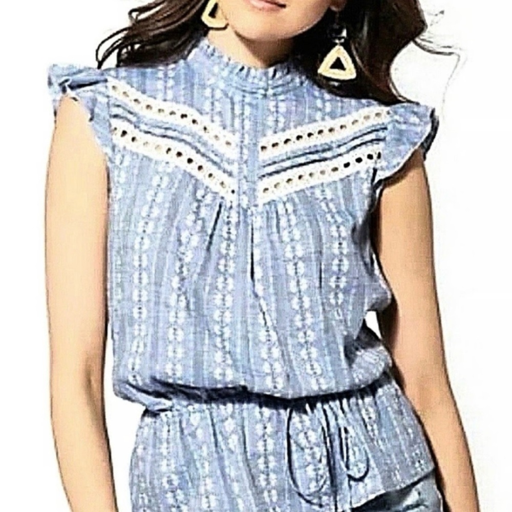 New York & Company Embroidered Eyelet Peplum Top w/ Drawstring Waist Tie, Size L